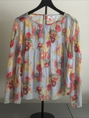 Kensie Light Blue Sheer Floral Long-Sleeve Blouse